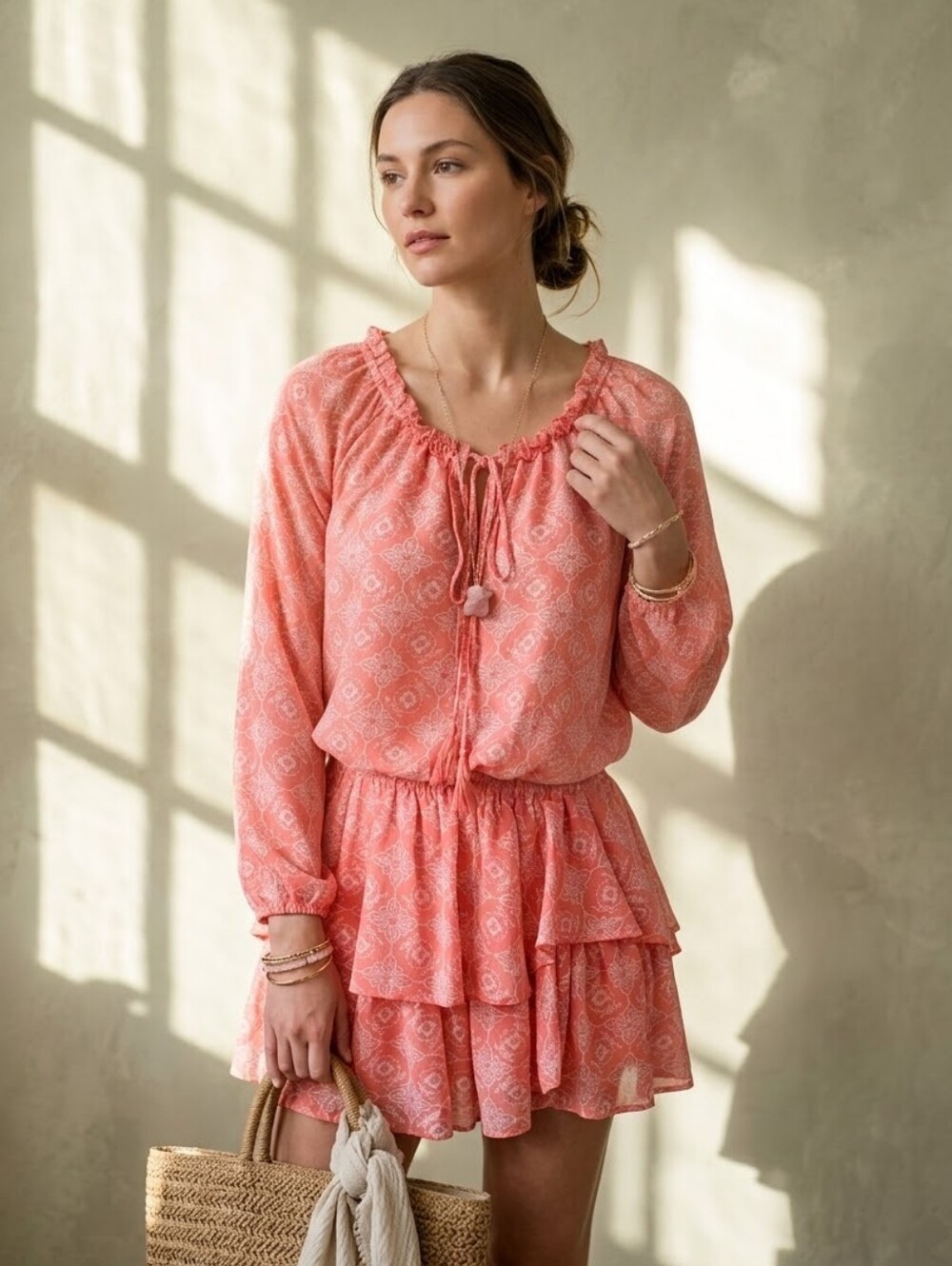 Macbeth Collection Coral Pink Boho Paisley Tiered Babydoll Ruffle Mini Dress XS